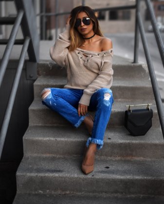 A MUST HAVE FOR FALL- NEUTRAL LACEUP SWEATER