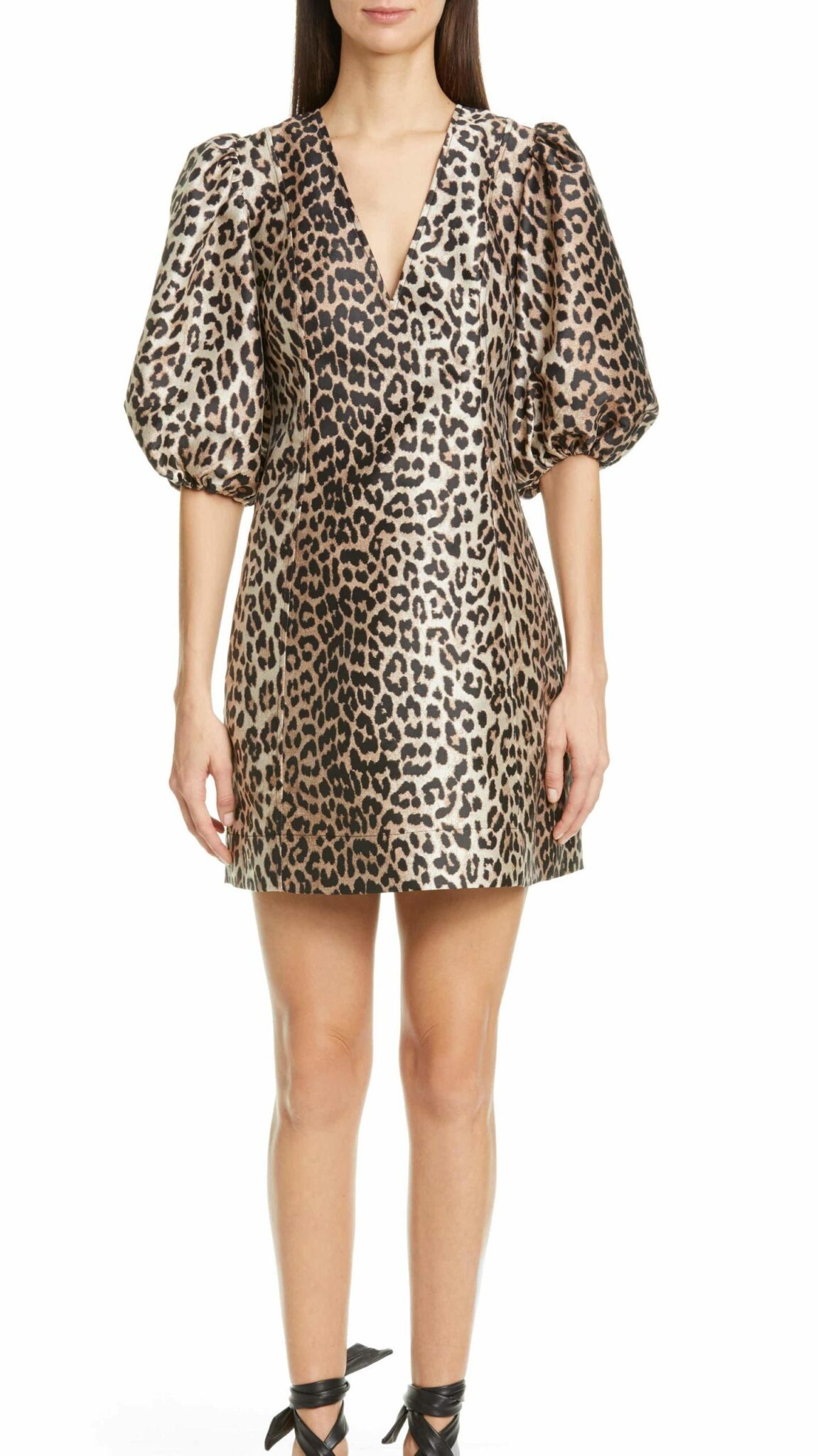 Ganni Leopard Print Puff Sleeve Georgette Minidress